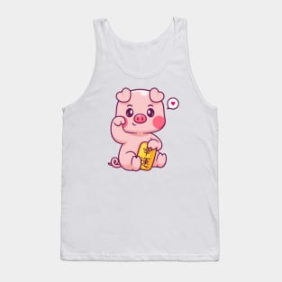 Cute Lucky Pig Holding Gold Coin Cartoon Tank Top